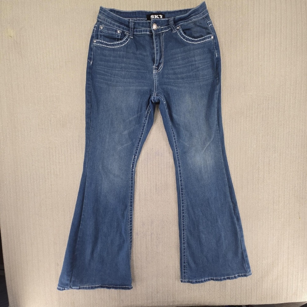 SKY Jeans Womens 13/14 Blue Flare Bootcut Stretch Rhinestone Embellished Pockets